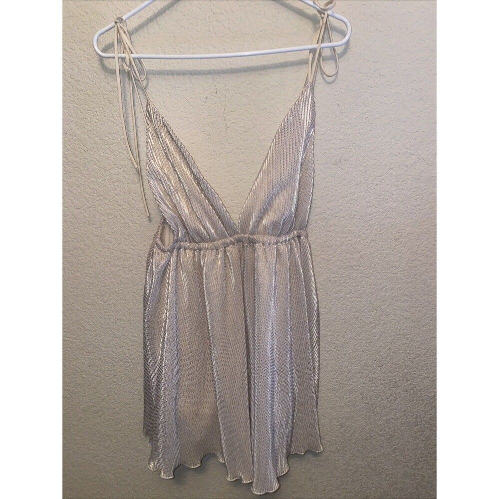 Lucy mini dress Shoulder Tie Gold Metallic Sexy HOCO pleated L fairy prom club - Picture 3 of 12